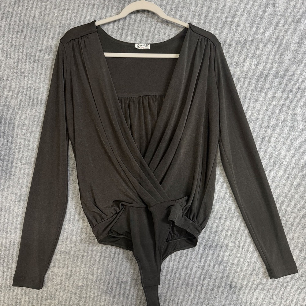 Intimately‎ Free People Size-L/G Bodysuit Olive Turnt Faux Wrap Long Sleeve